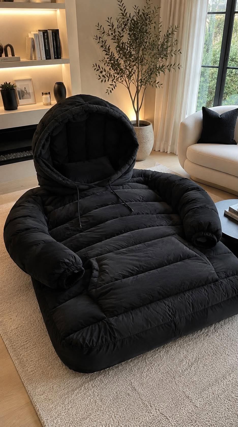 Oversized black hoodie inflatable bed featuring padded sleeves and a large hood in a contemporary neutral interior.