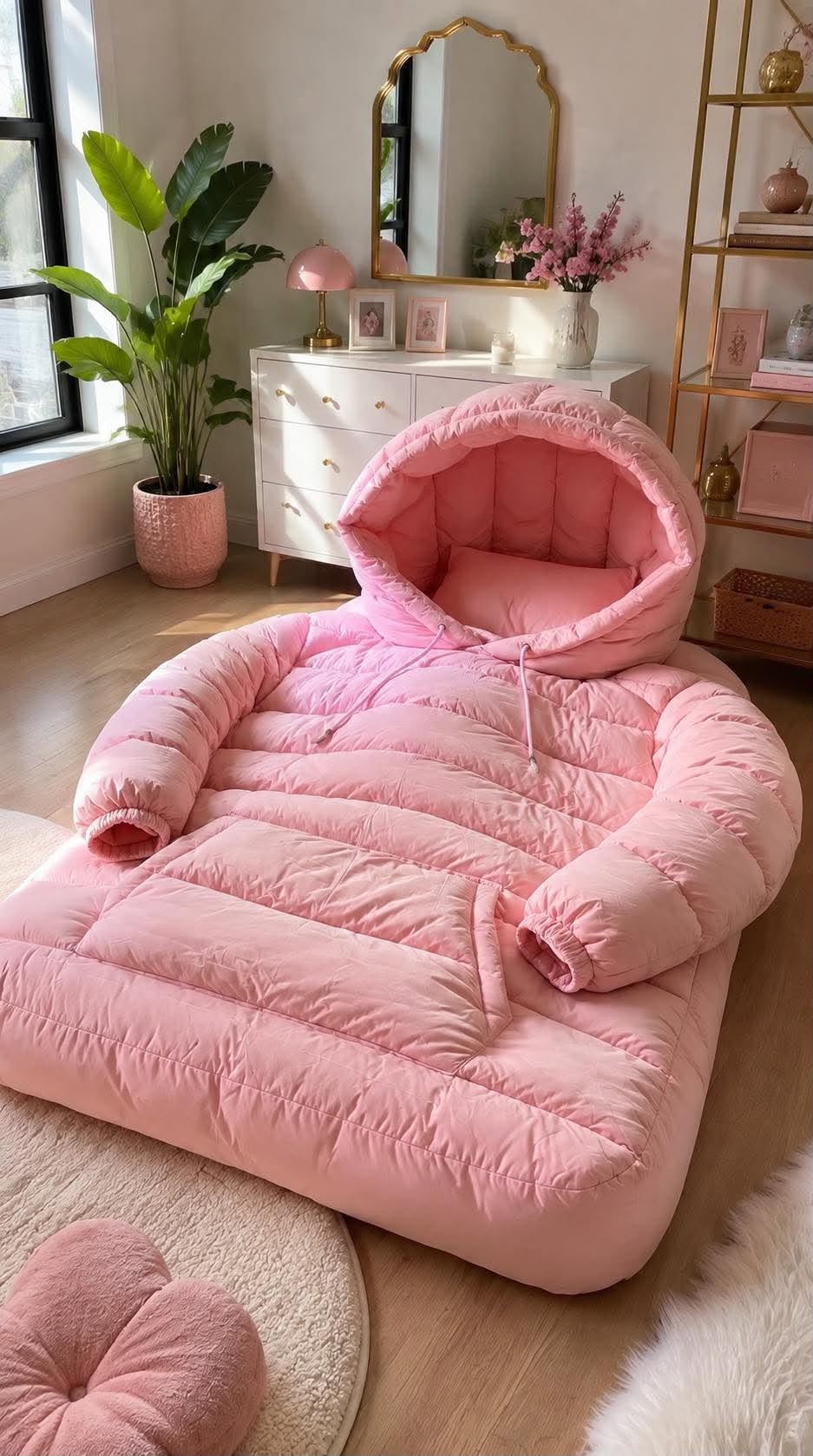 Pastel pink hoodie inflatable bed with giant padded hood, sleeves and drawstrings in a pink and gold bedroom.