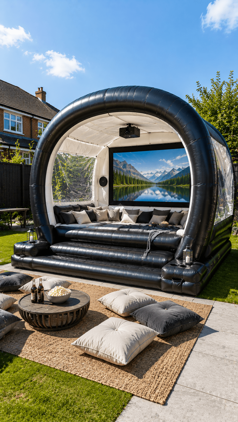 Stylish black inflatable outdoor cinema pod featuring plush seating, projector screen and modern garden movie setup.