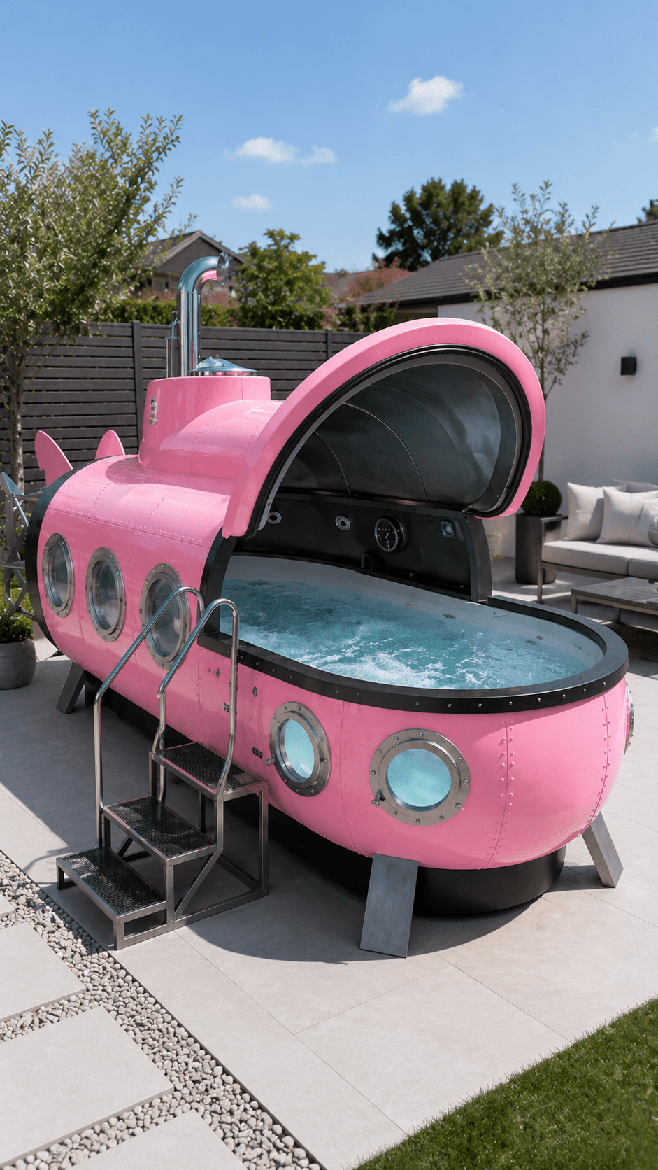 Pink submarine-inspired hot tub with metal steps, circular portholes and open canopy in a contemporary garden