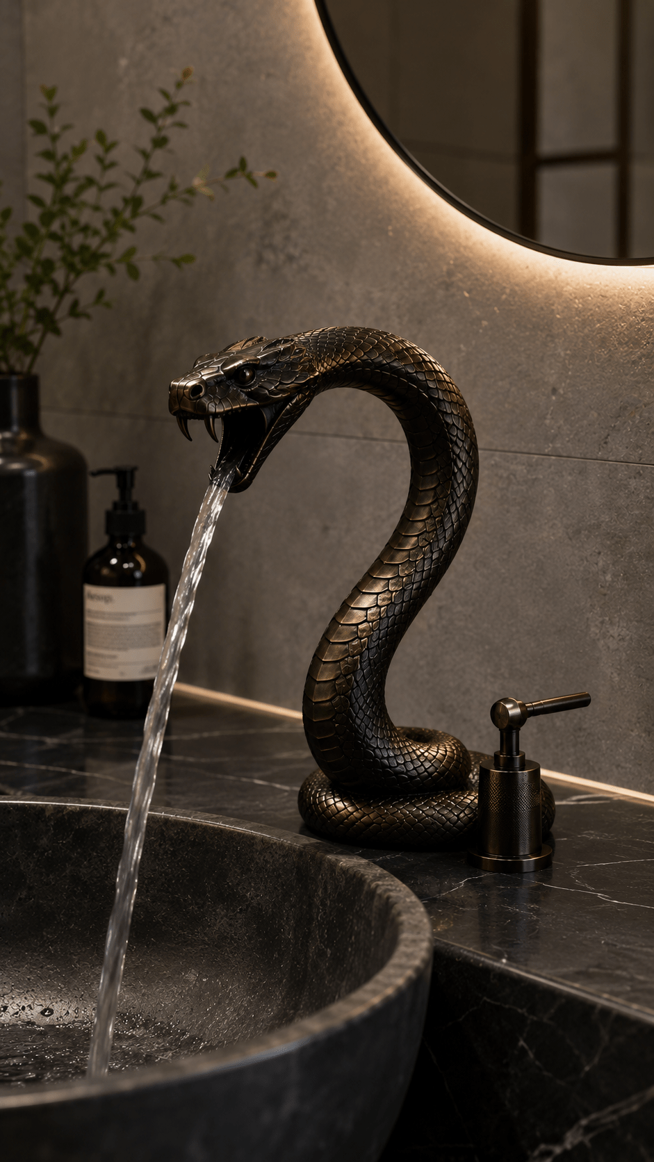 Black bronze snake faucet pouring water into a dark stone basin in a luxurious modern bathroom.