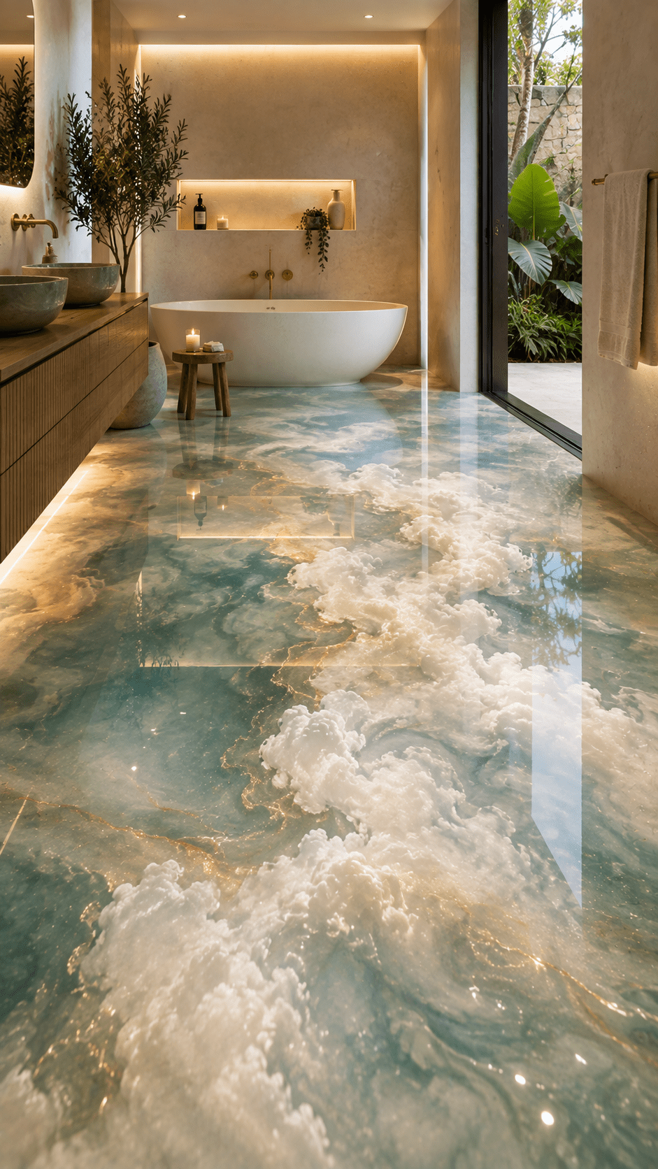 Modern spa-inspired bathroom with turquoise and white cloud resin flooring, freestanding bath and natural wooden cabinetry.