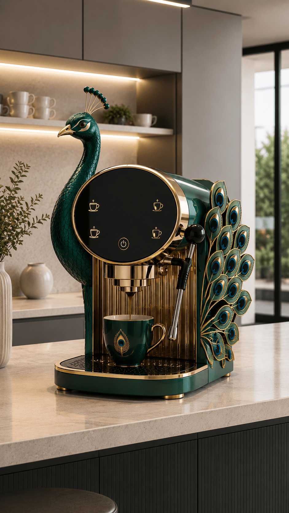 Emerald green and gold peacock-inspired coffee machine featuring a touchscreen and ornate tail feathers in a contemporary kitchen.