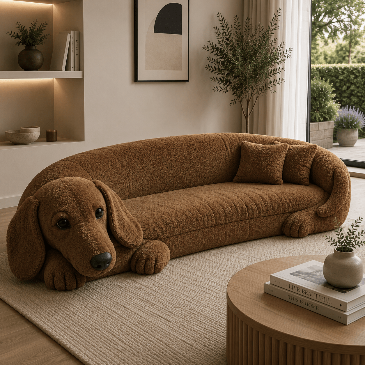 Brown Dachshund-inspired dog sofa creating a cosy statement in a contemporary lounge.