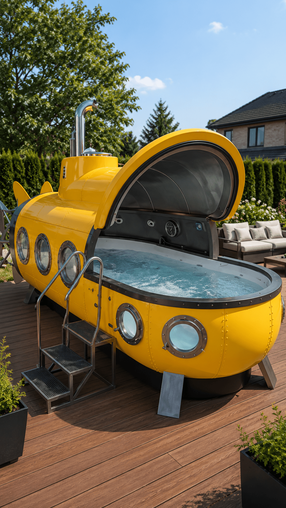 Bright yellow submarine hot tub with porthole windows and bubbling water on a modern garden deck
