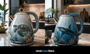 Collection of ocean-themed kettle designs inspired by sea turtles, whales and sharks for modern coastal kitchens.
