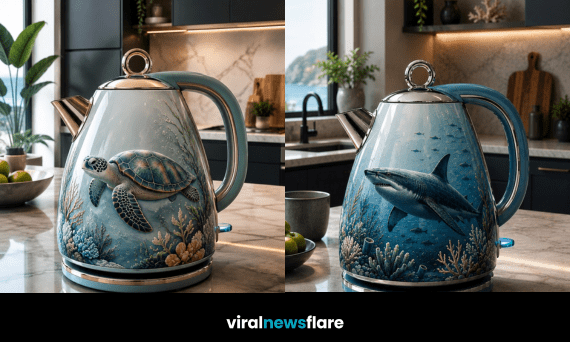 Collection of ocean-themed kettle designs inspired by sea turtles, whales and sharks for modern coastal kitchens.