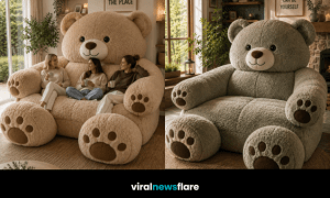 Giant cosy teddy bear chair showcasing the playful teddy bear chairs home décor trend in a stylish living room