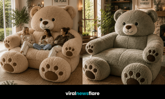 Giant cosy teddy bear chair showcasing the playful teddy bear chairs home décor trend in a stylish living room