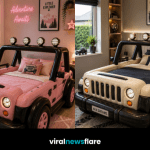 Jeep-inspired children's bed with oversized wheels, off-road details and adventure-themed décor in a modern kids' bedroom.