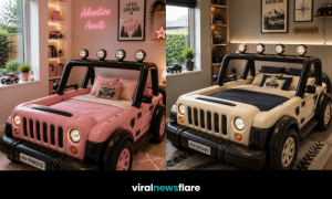 Jeep-inspired children's bed with oversized wheels, off-road details and adventure-themed décor in a modern kids' bedroom.