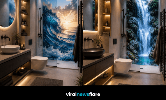 Luxury modern bathroom featuring a dramatic immersive shower wall designed to transform the shower into a statement feature.