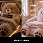 Giant plush teddy bear bed with oversized paws creating a cosy and imaginative bedroom centrepiece.