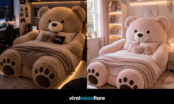 Giant plush teddy bear bed with oversized paws creating a cosy and imaginative bedroom centrepiece.