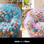 Colourful transparent squishy chair filled with soft foam beads and themed decorations in a stylish modern living room.