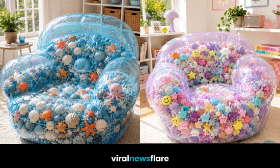 Colourful transparent squishy chair filled with soft foam beads and themed decorations in a stylish modern living room.