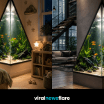 Dramatic illuminated triangle aquarium filled with colourful fish and lush aquatic plants as a statement interior design feature.