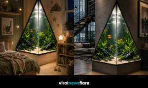 Dramatic illuminated triangle aquarium filled with colourful fish and lush aquatic plants as a statement interior design feature.