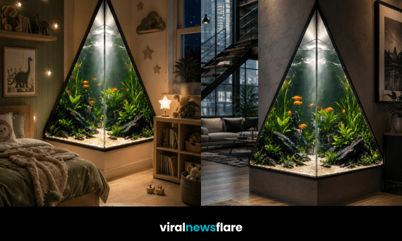 Dramatic illuminated triangle aquarium filled with colourful fish and lush aquatic plants as a statement interior design feature.