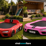 Colourful race car trampoline concept combining a sports car design with an outdoor jumping area in a modern garden.