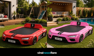 Colourful race car trampoline concept combining a sports car design with an outdoor jumping area in a modern garden.