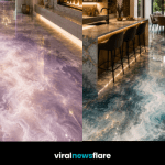 Luxury interior featuring colourful cloud resin flooring designed to resemble swirling clouds, water and natural stone.