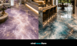 Luxury interior featuring colourful cloud resin flooring designed to resemble swirling clouds, water and natural stone.