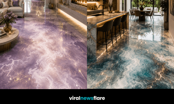 Luxury interior featuring colourful cloud resin flooring designed to resemble swirling clouds, water and natural stone.