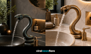 Luxury snake faucet with detailed metallic scales pouring water into a modern stone bathroom basin.