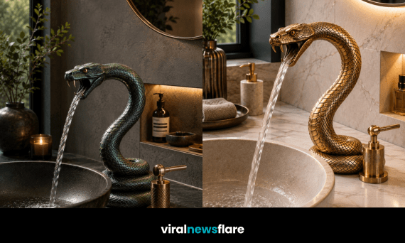 Luxury snake faucet with detailed metallic scales pouring water into a modern stone bathroom basin.
