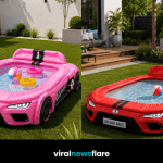 Colourful race car paddling pool concept designed for children's summer water play in the garden