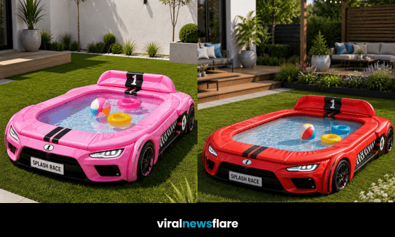 Colourful race car paddling pool concept designed for children's summer water play in the garden
