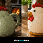 Colourful chicken-shaped electric kettle featuring sculpted feathers, red comb and beak-inspired spout in a stylish kitchen setting.