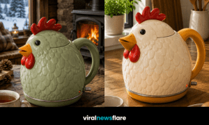 Colourful chicken-shaped electric kettle featuring sculpted feathers, red comb and beak-inspired spout in a stylish kitchen setting.