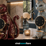 Decorative cat-shaped coffee machine with ornate gold and gemstone detailing bringing a playful luxury touch to modern kitchen design.