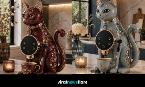Decorative cat-shaped coffee machine with ornate gold and gemstone detailing bringing a playful luxury touch to modern kitchen design.