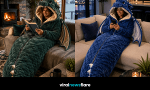 Oversized plush dragon sleeping bag featuring a padded dragon head, wings, scales and long tail for cosy fantasy-inspired relaxation.