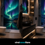 Luxury modern bathroom featuring an immersive Northern Lights shower wall with vivid green and purple aurora scenery.