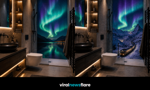 Luxury modern bathroom featuring an immersive Northern Lights shower wall with vivid green and purple aurora scenery.