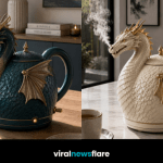 Fantasy-inspired dragon-shaped kettle with detailed scales, wings and steam emerging from its mouth in a stylish modern kitchen.