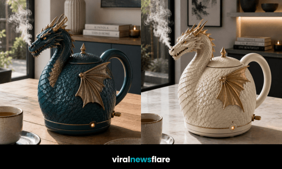 Fantasy-inspired dragon-shaped kettle with detailed scales, wings and steam emerging from its mouth in a stylish modern kitchen.