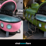 Colourful submarine hot tub with bubbling water creating a quirky statement feature for a modern garden