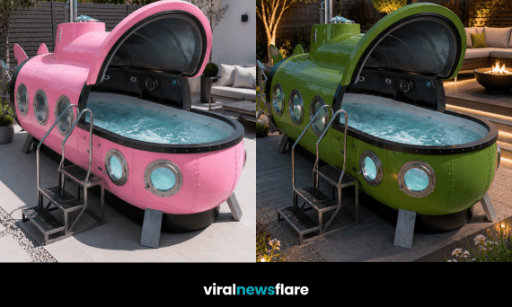 Colourful submarine hot tub with bubbling water creating a quirky statement feature for a modern garden