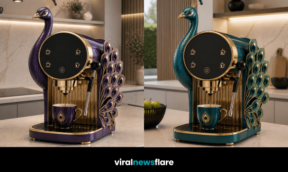 Ornate peacock coffee machine with gold detailing and decorative feathers displayed as a statement appliance in a luxury modern kitchen.