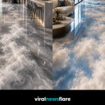 Luxury modern interior featuring glossy cloud effect epoxy flooring designed to create a dramatic sky-inspired look.