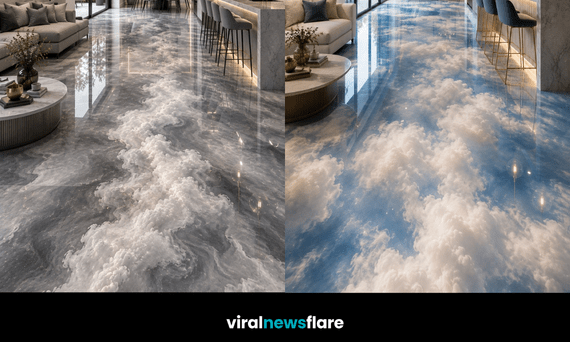 Luxury modern interior featuring glossy cloud effect epoxy flooring designed to create a dramatic sky-inspired look.