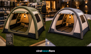 Spacious inflatable camping tent with air-beam structure showcasing the growing easy-pitch outdoor camping trend.