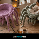 Giant fluffy spider-shaped chair with eight legs creating an unusual statement furniture feature in a stylish cosy living room.