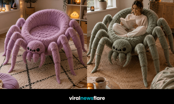 Giant fluffy spider-shaped chair with eight legs creating an unusual statement furniture feature in a stylish cosy living room.