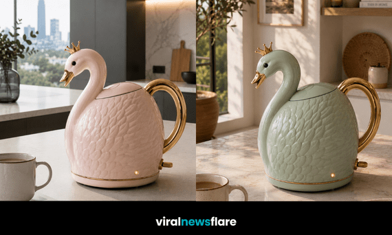 Elegant swan-shaped kettle showcasing the whimsical statement appliance trend for stylish modern kitchens.